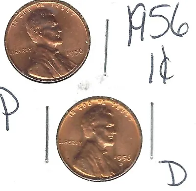 1956-D & P Brilliant Uncirculated Business Strike Copper One Cent Coins! • $1.50