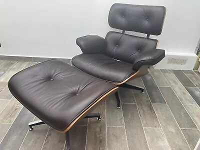 Eames Style Brown Leather Lounge Chair / Armchair & Ottoman With Walnut Wood • £399