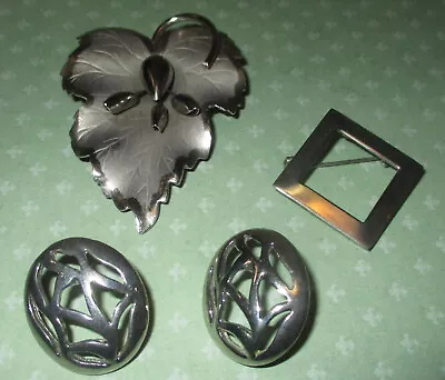 Vintage Jewelry Lot 2 Pins One Pair Earrings All Silver Tone • $16