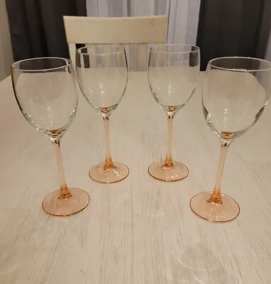Set Of 4 Vintage Luminarc France 8  Wine Glasses  Rose Pink Stems • $23