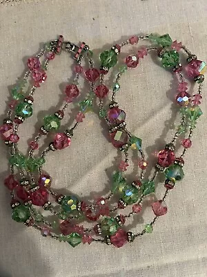 Vintage Vendome Pink Green Faceted Crystal 2 Strand Necklace - Signed • $50