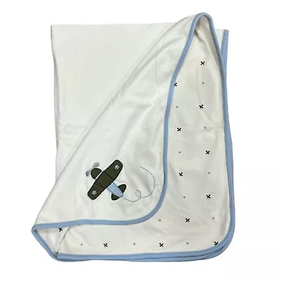 Gymboree Reversible Baby Blanket Airplane White Blue 2003 Print 38x28 Vintage • $44.99