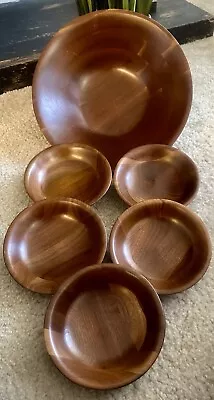 Vintage Vermillion Real Walnut Salad Serving Set 6 Piece 1Serving Bowl & 5 Bowls • $39.99