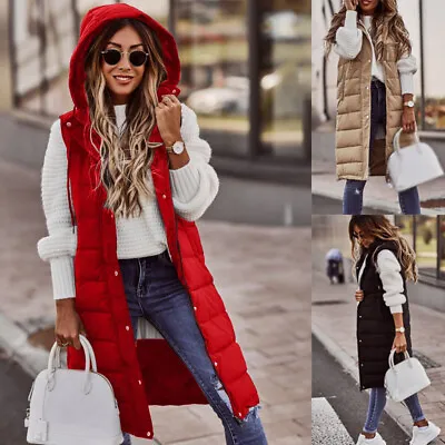 Womens Ladies Long Line Hooded Puffer Gilet Jacket Padded Vest Body Warmer Top • £22.69