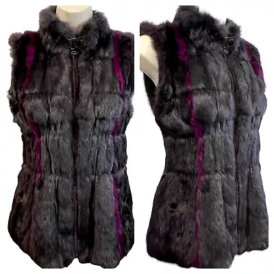 Jocelyn Fur Knit Vest Full Zip Pockets Chocolate Brown Pink Purple Stripe Size M • $59.95