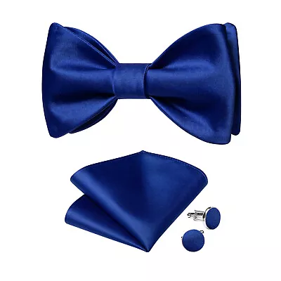 Mens Silk Bow Tie Paisley Solid Pre-tied Adjustable Bowtie Hanky Cufflinks Set • £6.99