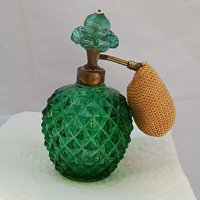 Vintage  I. W. Rice Green Diamond Cut Glass Topped Perfume Bottle With Atomizer • $15