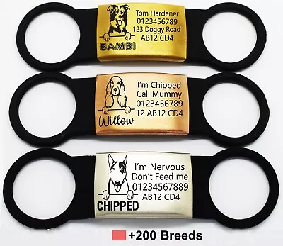 £6.69 • Buy Slide On Collar Silicone Engraved Rectangle Id Name Personalised Pet Dog Cat Tag