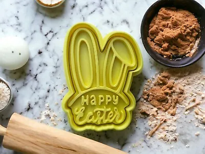 Easter Bunny Ears Happy Easter Cookie Cutter & Embosser Stamp Set Fondant Dough • £4.29