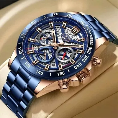 Mens Luxury Stainless Steel Blue Wristwatch Chronograph Sports Quartz Watch  • £23.79