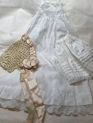 Lot Of 3 Pieces Of Antique Doll Clothes White Petticoat Slip & Crochet Bonnet • $28