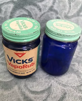 Lot Of 2 VICKS VapoRub Vintage Cobalt Blue Glass Metal Cap 3.1 Oz - 1 Jar Is 30% • $11