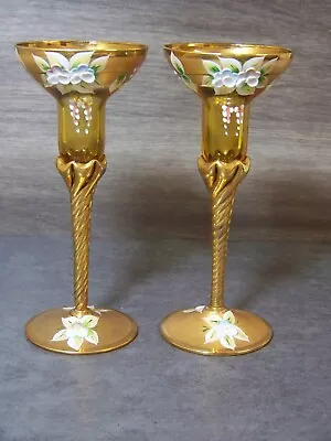 Set Of 2 Vintage Bohemian Venetian Hand Painted Amber Glass Candlestick Holders • $49.99