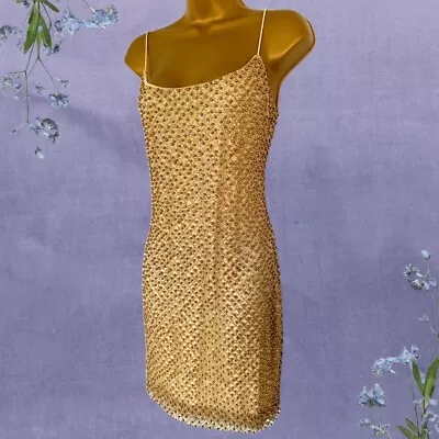 Gold Bead Spaghetti Strap Dress Y2k- Marilyn Monroe S Vintage Glamour Prom Party • £39.99