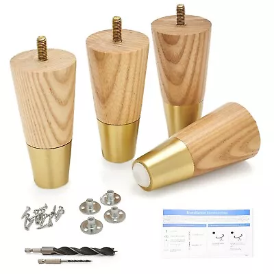 Furniture Legs Set Of 4 Premium 4 / 6 / 8 Inch Ash Wood Gold Feet Replacement • $31.97