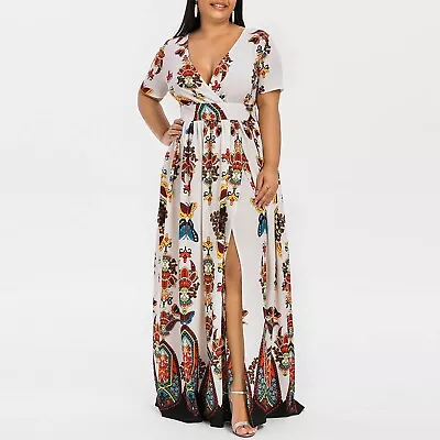 Plus Size Womens Butterfly Printed V-Neck Short Sleeve Casual Long Maxi Dress • $40.20