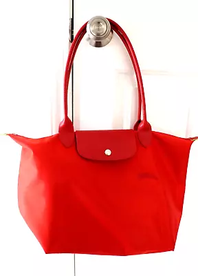 Longchamp Le Pliage Green Leather Handles Tomato Red Color Large Tote Handbag • $113