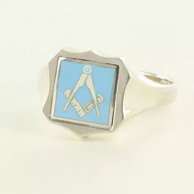 Light Blue Reversible Shield Head Solid Silver Square And Compass Masonic Ring • £244.80