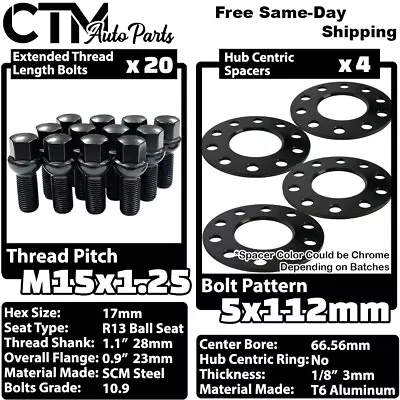 4x 3mm 5x112 HubCentric Wheel Spacer 15x1.25 Black Bolt Fit Mercedes Stock Wheel • $64.39