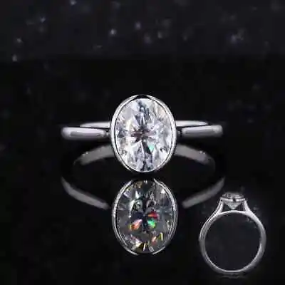 2 CTW Oval Cut VVS1 Moissanite Bezel Set Engagement Ring 14k White Gold Plated • $72.69