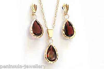 9ct Gold Garnet Teardrop Earrings And Pendant Necklace Set Made In UK Gift Boxed • £97.99