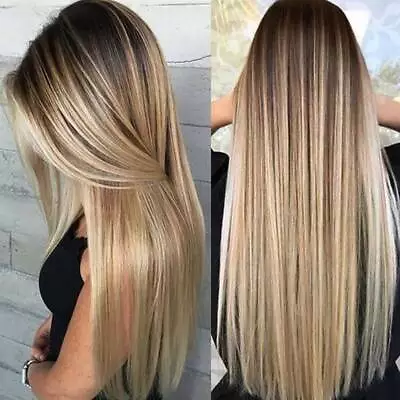 Women Long Straight Hair Wigs Ladies Ombre Blonde Party Cosplay Full Wig Natural • £11.79