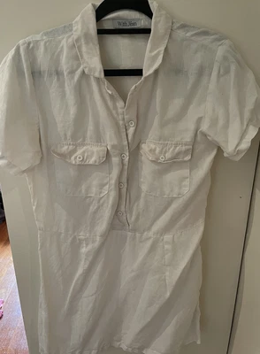 $20 • Buy WITH JÉAN Button Up Sleeve Dress In White 100% Linen Cotton Summer Size L 12 10
