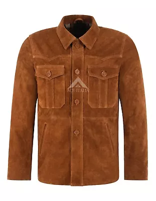 Men's Trucker Box Button Over Shirt Style Tan Suede Western Real Leather Jacket • £95.99