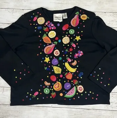 Vintage Michael Simon Colorful Sequin Embroidered Fruit Cardigan Sweater Medium • $50