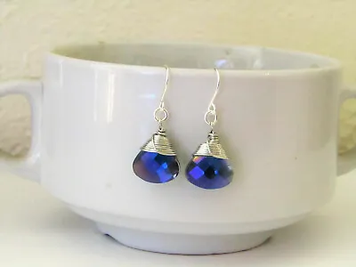 Metallic Blue AB Crystal Teardrop Silver Earrings USA HANDMADE • $12.99