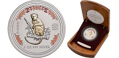 Australia 2004 Lunar Year Of The Monkey 5oz 999 Silver Coin - Gilded Edition • $550