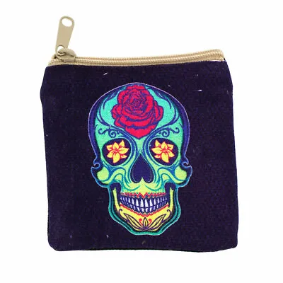 $11 • Buy Small Day Of The Dead Skull And Rose On Purple Cotton Canvas Zippered Coin Purse