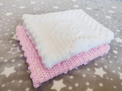 Bobbles And Hearts Crochet Baby Blanket Handmade • £20