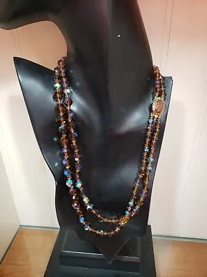 Vintage Brown Aurora Borealis Faceted Crystal Two-Strand Necklace Fancy Clasp • $36