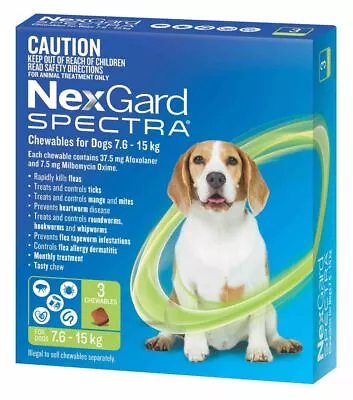 NexGard Spectra Chewables For Dogs Medium Dogs 7.6-15kg - Green 3 Pack • $77.89