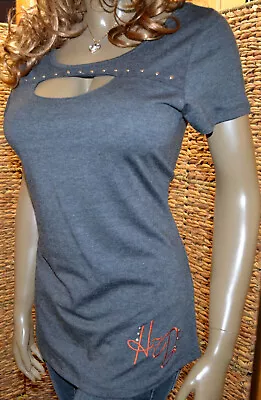 Harley Davidson XL Charcoal Gray Studded Keyhole Front T-Shirt Top • $25.99