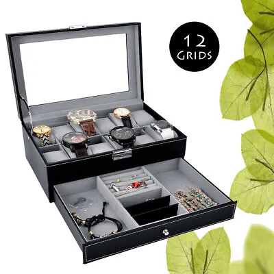 £26.97 • Buy 2 Layer Watch Box With A Jewellery Bracelets Rings Cufflink Drawer 12 Grids UK