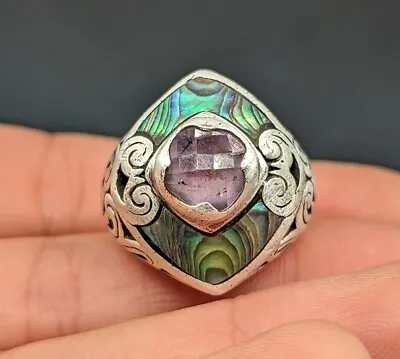 Sterling Silver Faceted Purple Amethyst Gemstone Abalone Shell Ring Sz 5 1/2 5.5 • $35