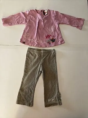 Catimini Baby Girl Outfit - Pink Top Gray Polka Dot Pants  - Naartjie Kids 18 M • $11.70