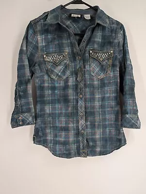 Miss Me Womens Small Button Down Shirt 3/4 Sleeve Plaid Teal Turquoise Blue... • $12.95