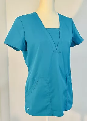 NRG By Barco Teal Blue Kangaroo Pocket (2) Mock V-neck Short Sleeve Scrub Top  • $13.50