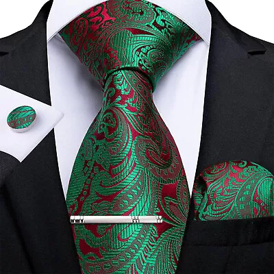 DiBanGu Green Red Paisley Tie Set Mens Silk Necktie Clip Hanky Cufflinks Gift • £10.57