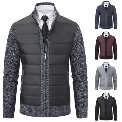 Mens Quilted Jacket Zip Up Cable Knitted Wool Blend Jumper Cardigan Warm Winter • £19.79
