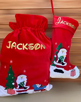 Personalised Father Christmas Santa Sack And Stocking Set Red  Deluxe Velvet • £20