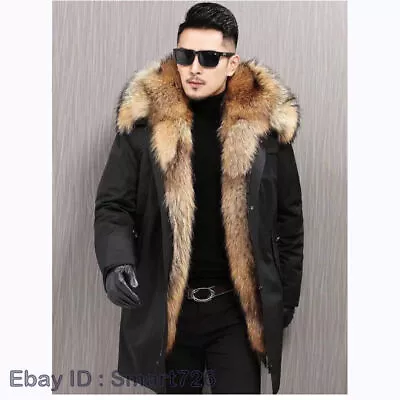 Mens Parka Faux Mink Fur Lined Jacket Overcoat Fur Collar Hooded Outwear Thicken • $158.36