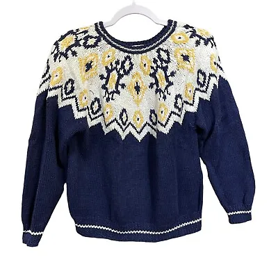 $19.95 • Buy Cambridge Dry Goods Womens Sweater Size M Fair Isle Pullover Navy White Yellow