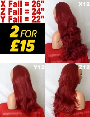 INTENSE RED Long Curly Wavy Flick Natural 3/4 Wig Fall Hair Piece Half Wigs • £8.99