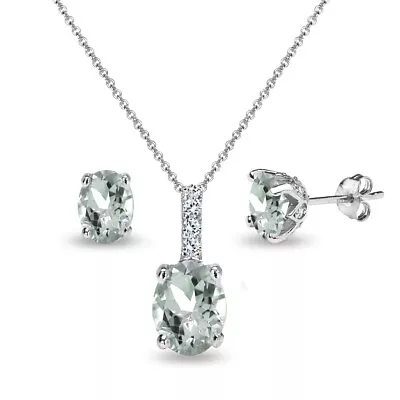 Oval Crown Light Aquamarine & White Topaz Necklace & Earrings Set In 925 Silver • $44.99