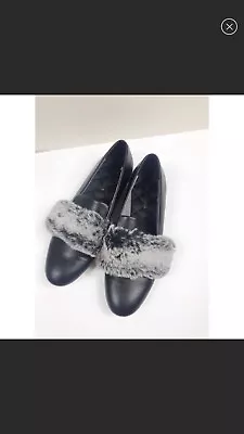 $55 • Buy NWT ZARA BLACK SLIPPERS WITH GRAY FAUX FUR DETAIL SLIP ON FLATS Size 7