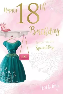 18th Happy Birthday Card 18 Eighteenth Dress Bag Shoes Shelf & Flowers Design • £3.75